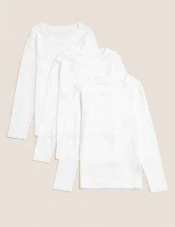 M&S Collection Underwear 3pk Pure Cotton Long Sleeve Vests (2-16 Yrs)